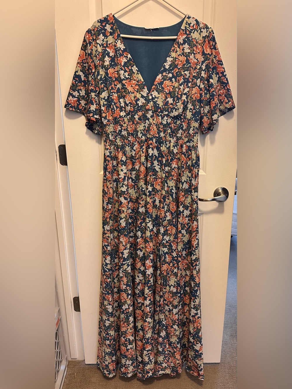 Baltic Born Navy Floral Maxi Dress with Coral and Cream Accents XL - Picture 1 of 7